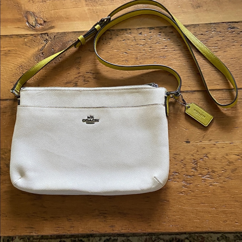 Coach Cream Pebbled Leather with Kiwi Green Leather Accent, Crossbody Bag